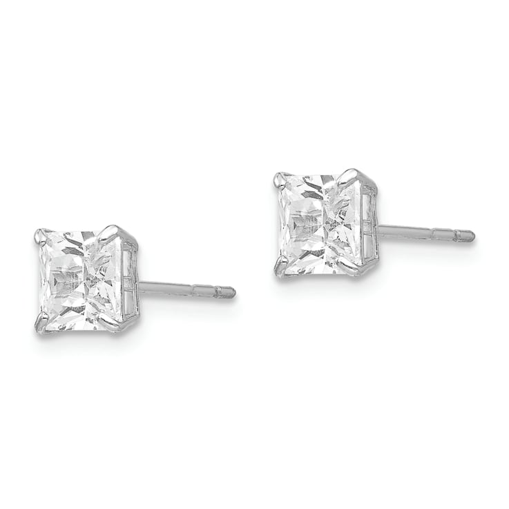 Rhodium Over 14K White Gold 5mm Square Cubic Zirconia Post Earrings