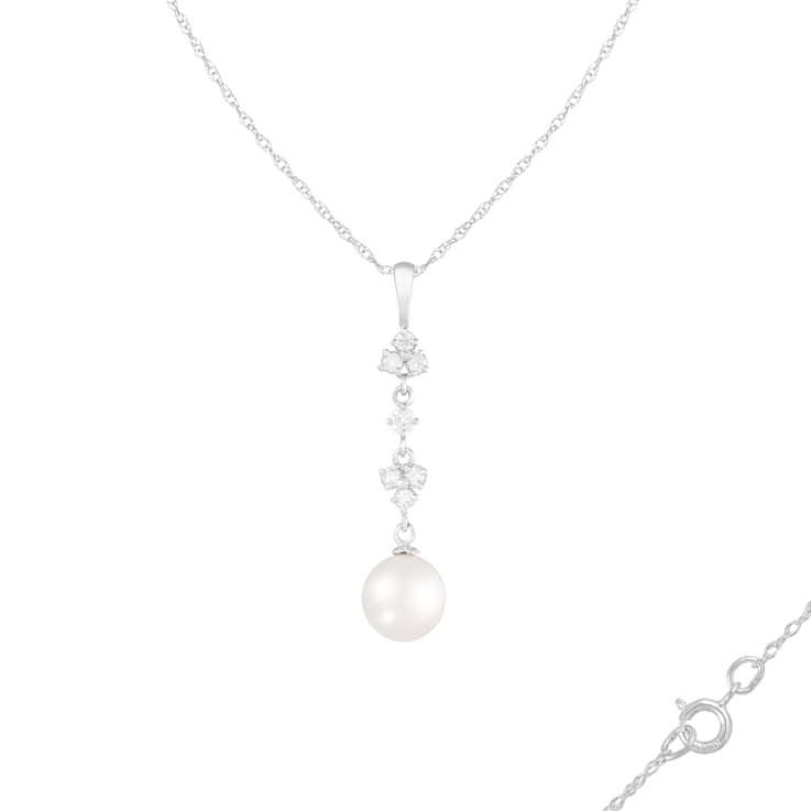 White Cultured Freshwater Pearl and Diamond 14K White Gold Pendant 7-7.5mm