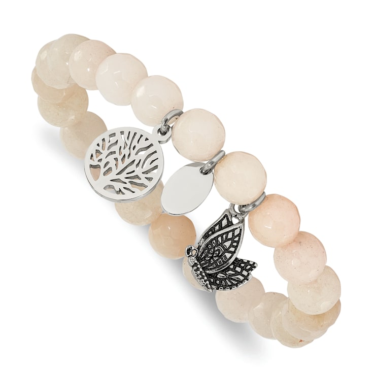 Stainless Steel Antiqued and Polished Butterfly White Jade Stretch Bracelet