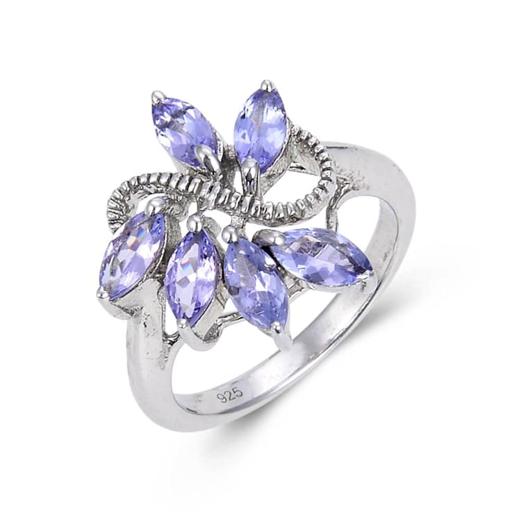 Marquise Blue Tanzanite Sterling Silver Cluster Ring, 1.28ctw
