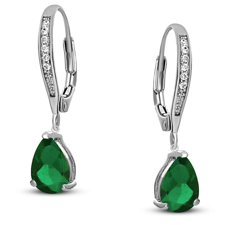Emerald Color CZ Teardrop Drop Earrings In Sterling Silver