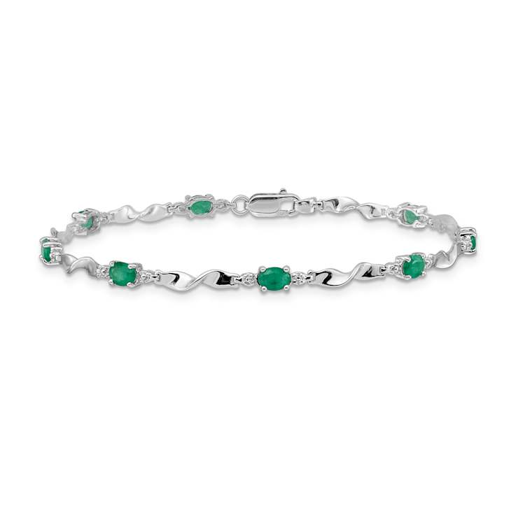 Rhodium Over 10k White Gold Diamond and Green Emerald Bracelet