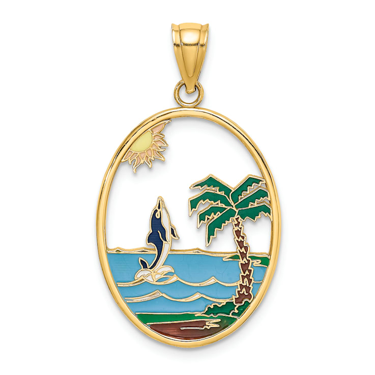 14k Yellow Gold Multi-color Enamel Dolphin Jumping In Beach Scene Charm