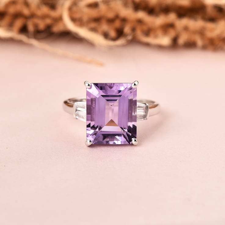 Amethyst with White Zircon Accents Rhodium Over Sterling Silver
Statement Ring, 5.96ctw