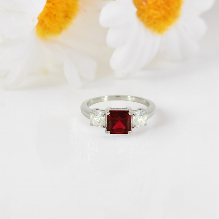Red Lab Grown Ruby Rhodium Over Sterling Silver Three Stone Ring