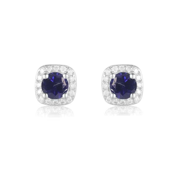 Blue Sapphire with Moissanite Sterling Silver Halo Stud Earrings