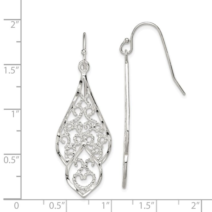 Sterling Silver Polished and Diamond-cut Fancy Filigree Dangle Earrings