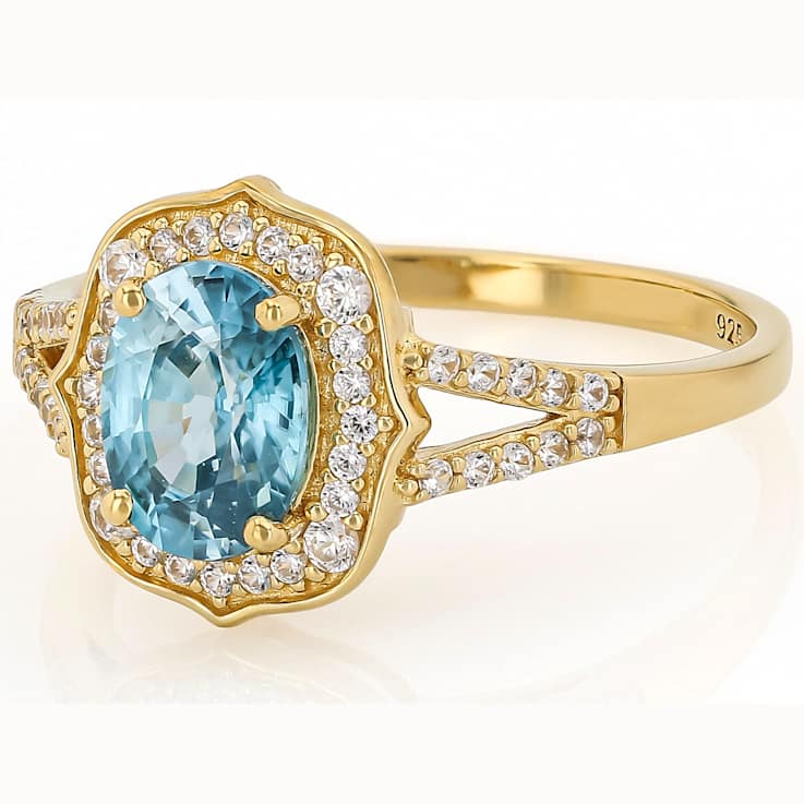 Blue Zircon And White Zircon Oval Ring In 18K Gold Over Sterling Silver 2.23ctw