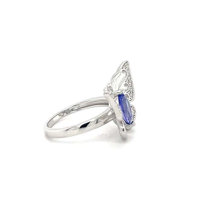 Tanzanite 9x4.5mm Marquise and White Zircon Rhodium Over Sterling Silver Ring