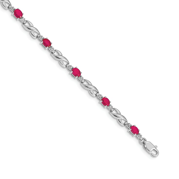 Rhodium Over 14k White Gold Diamond and Ruby Bracelet