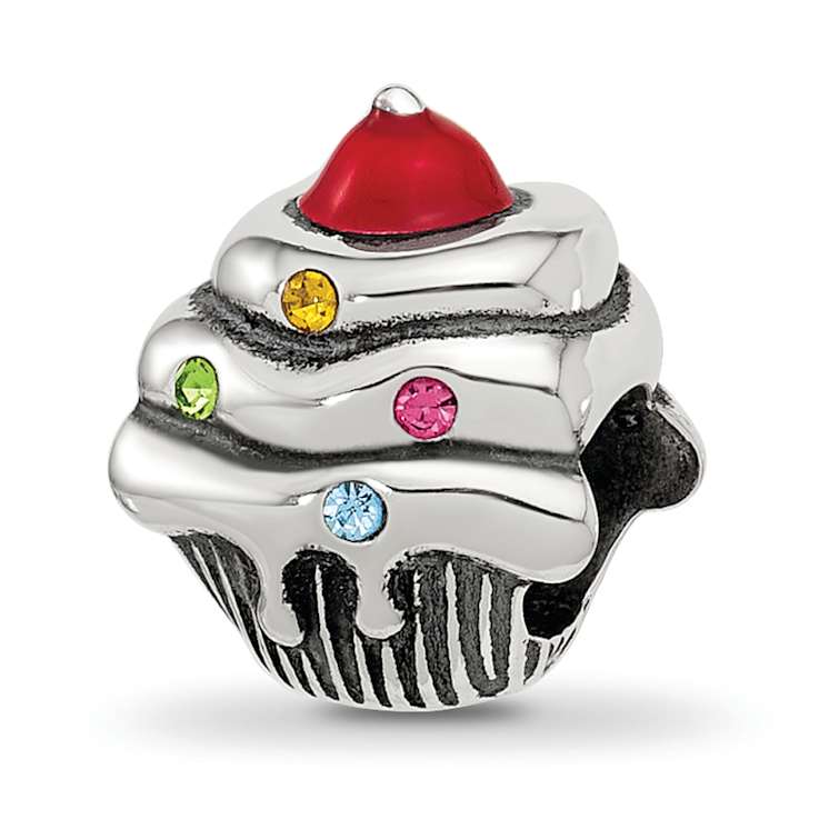 Sterling Silver Crystal and Enamel Red Cherry Cupcake Bead