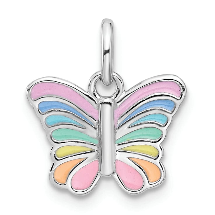 Rhodium Over Sterling Silver Multi-color Enameled Butterfly Children's Pendant