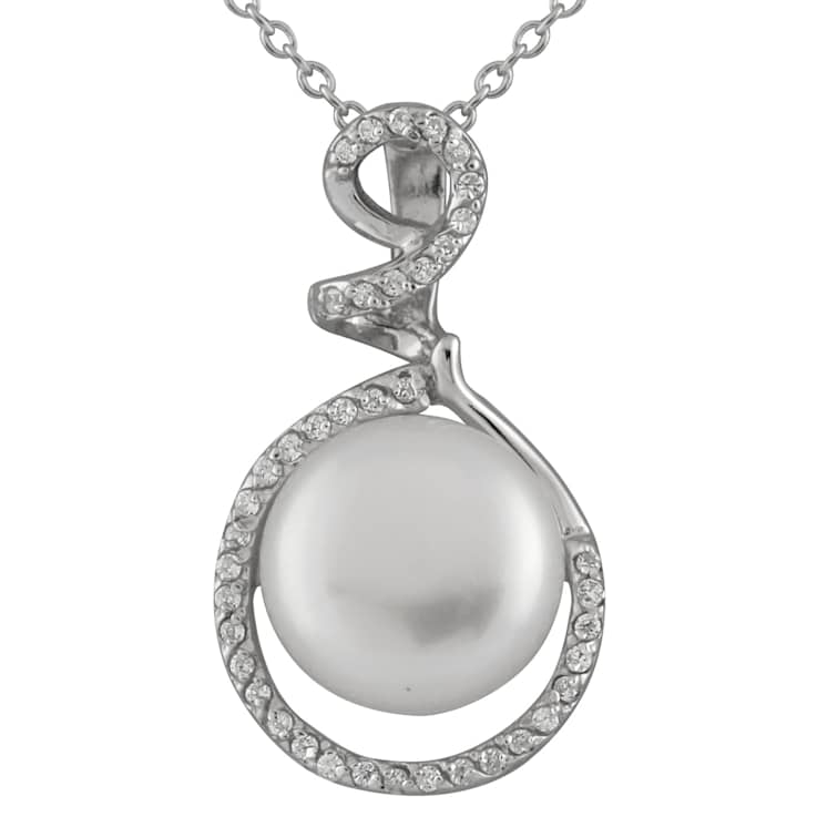 11-12mm Button White Cultured Freshwater Pearl and CZ Rhodium Over
Sterling Silver Pendant