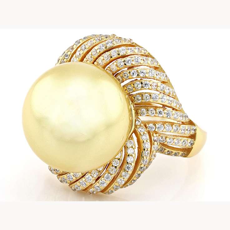 Golden South Sea Simulant Pearl Cocktail Ring In 18K Gold Over Sterling Silver