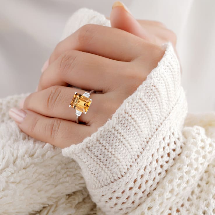 Citrine with White Zircon Accents Rhodium Over Sterling Silver Statement
Ring, 5.96ctw