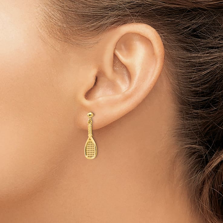 14k Yellow Gold Polished Racquet Dangle Earrings