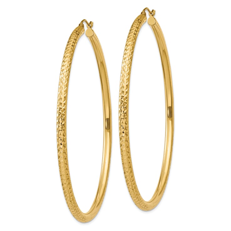 14k Yellow Gold Diamond-cut 2 9/16" Round Hoop Earrings