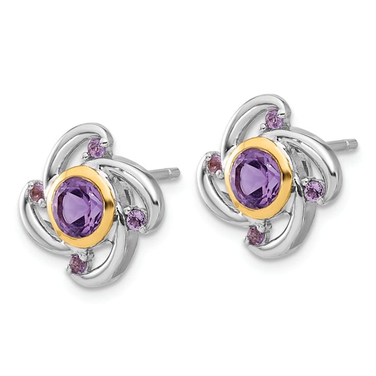 Sterling Silver with 14K Accent Rhodium-plated Amethyst and Pink Quartz Earrings