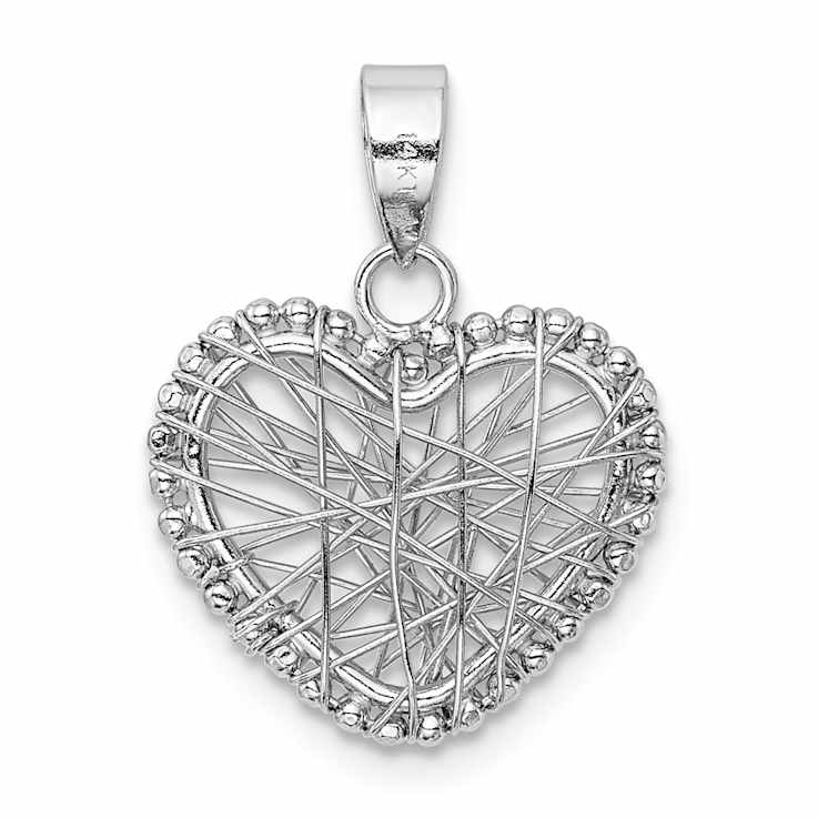 Rhodium Over 14k White Gold Textured Open Wire Heart Pendant