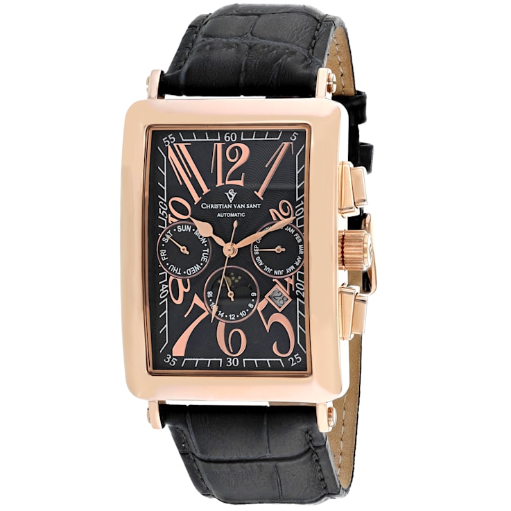 Christian Van Sant Men's Prodigy Black Dial, Rose Accents and Bezel,
Black Leather Strap Watch