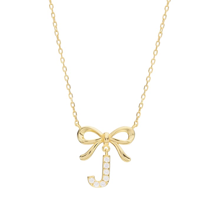 Initial J Bow CZ Necklace In 14K Gold Over Sterling Silver 0.23ctw