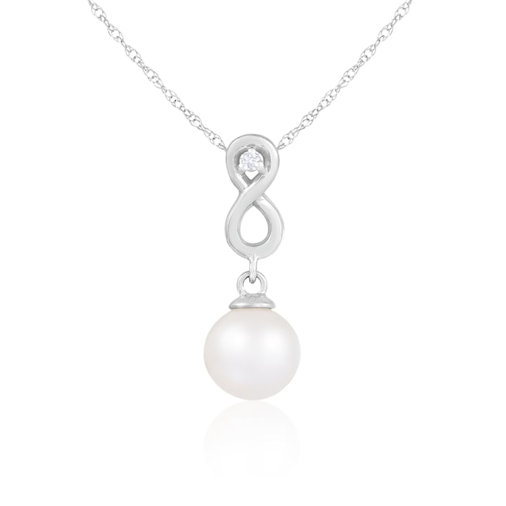 White Cultured Freshwater Pearl and Diamond 14K White Gold Pendant 8-8.5mm