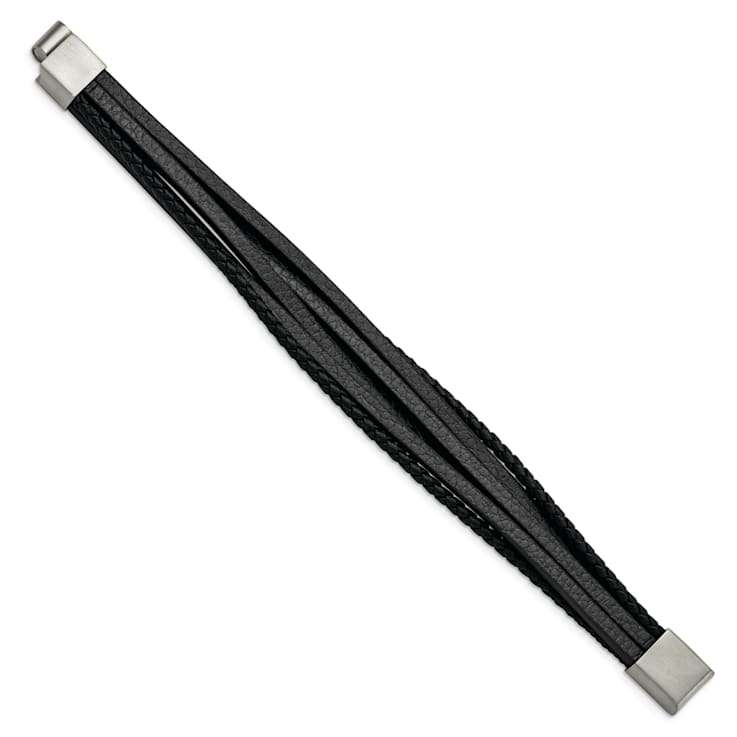 Black Leather and Stainless Steel Brushed Multi Strand 8-inch Bracelet