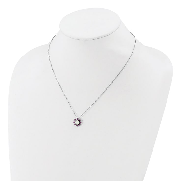 Rhodium Over Sterling Silver Lab Created Opal and Pink Crystal Flower Necklace