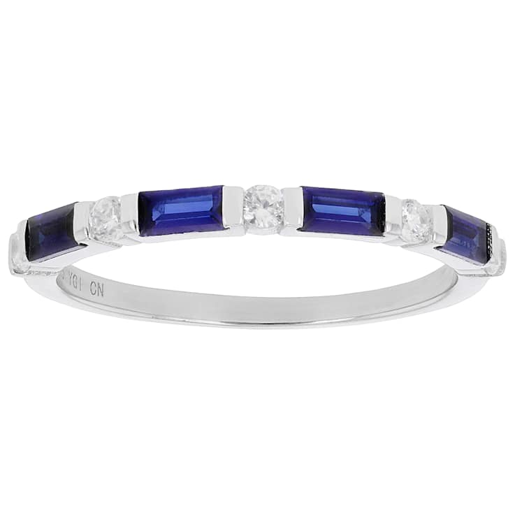 Sapphire Color CZ And White CZ Band Ring In Sterling Silver