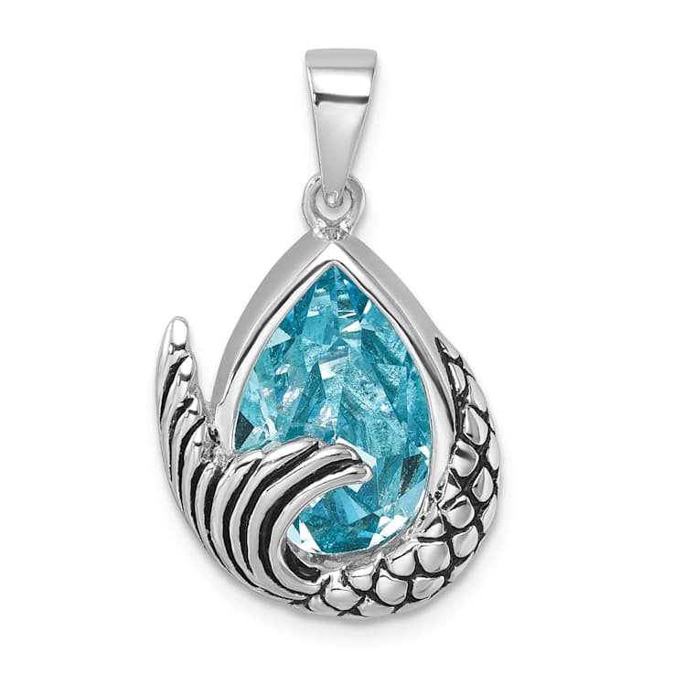 Rhodium Over Sterling Silver Polished and Antiqued Crystal Mermaid Tail Pendant