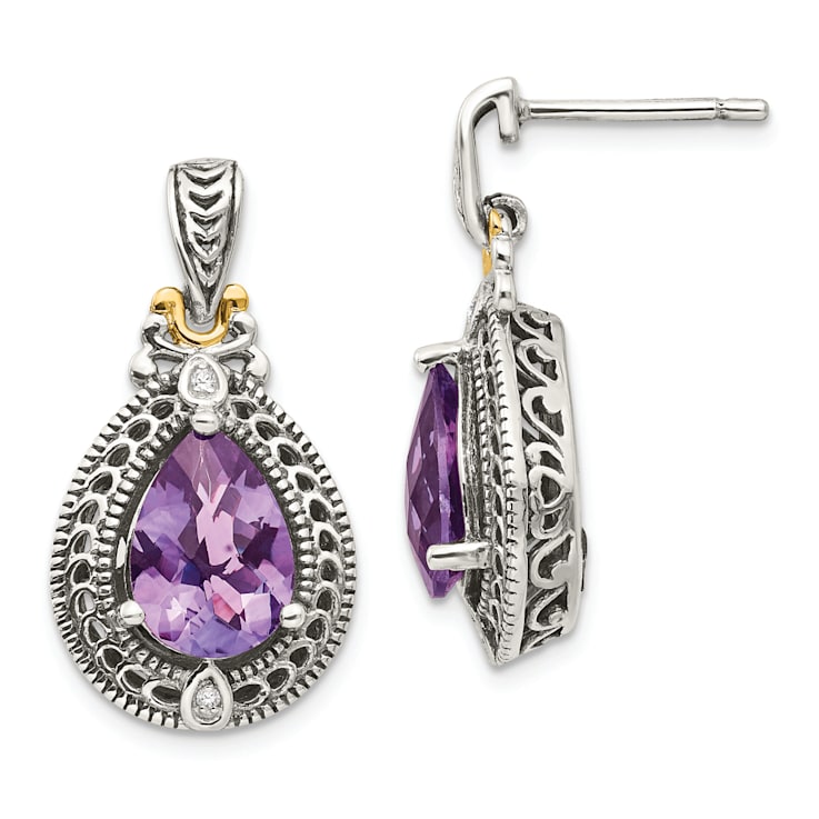 Sterling Silver Antiqued with 14K Accent Diamond and Amethyst Earrings