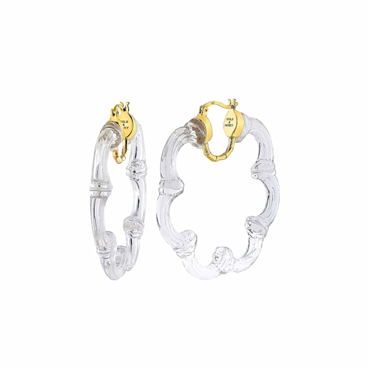 14K Yellow Gold Over Sterling Silver Flower Bamboo Acrylic Hoop Earrings