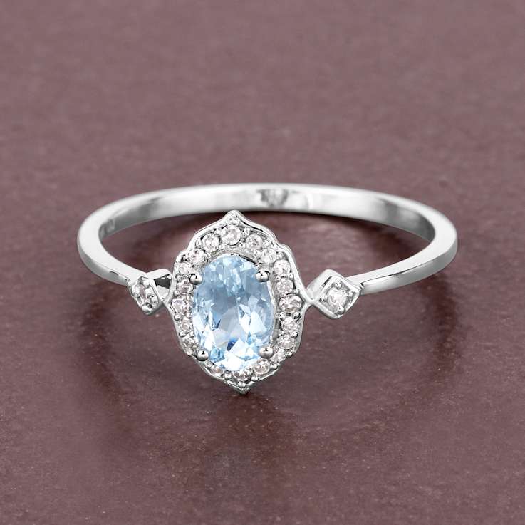 Blue Aquamarine and White Diamond 14K White Gold Halo Ring