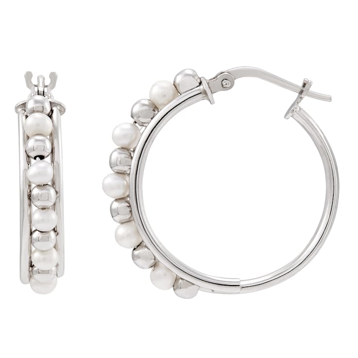 3-3.5mm Round White Freshwater Pearl and Sterling Silver Beaded Hoop Earrings