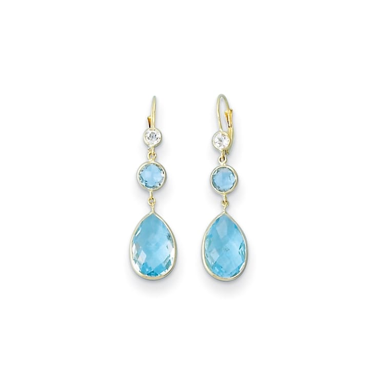 14K Yellow Gold Blue and White Topaz Leverback Dangle Earrings