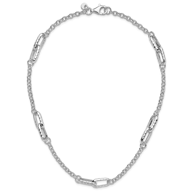 Rhodium Over Sterling Silver Polished and Hammered Link Necklace