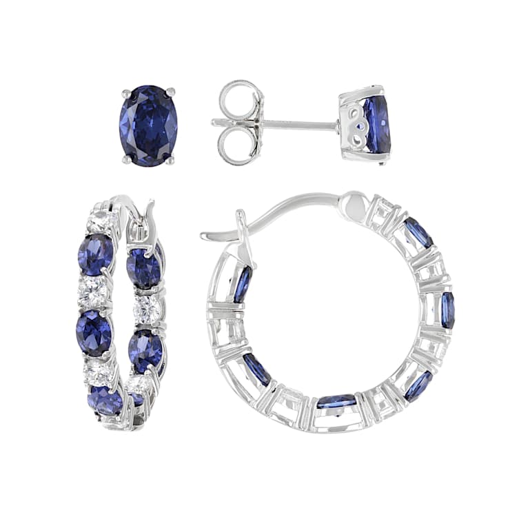 Blue And White CZ Stud And Hoop Earring Set In Platinum-Enhanced
Sterling Silver 5.18ctw