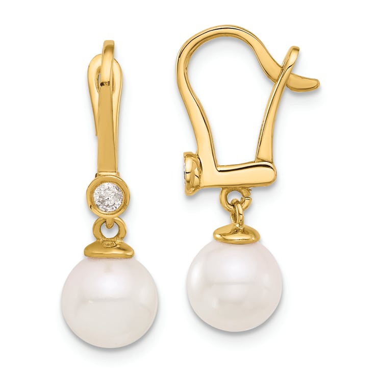 14K Yellow Gold 7-8mm Round White Akoya Cultured Pearl and 0.10 cttw
Diamond Dangle Earrings