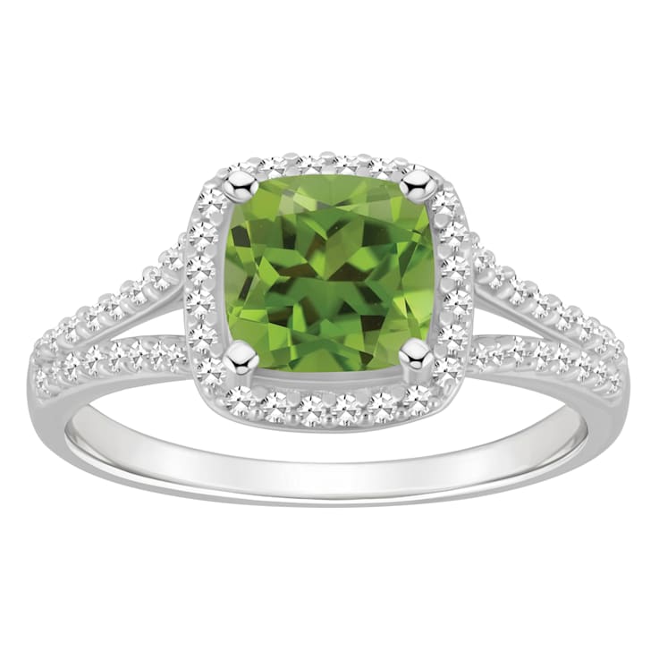 7mm Cushion Peridot 1/4 ctw Diamond Rhodium Over Sterling Silver Halo Ring