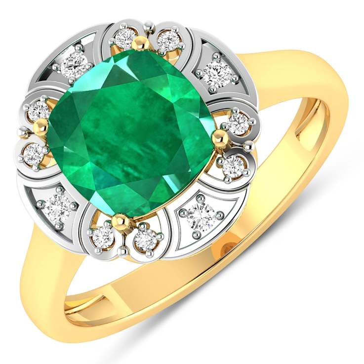 Green Emerald and White Diamond 14K Yellow Gold Halo Ring 2.16 ctw