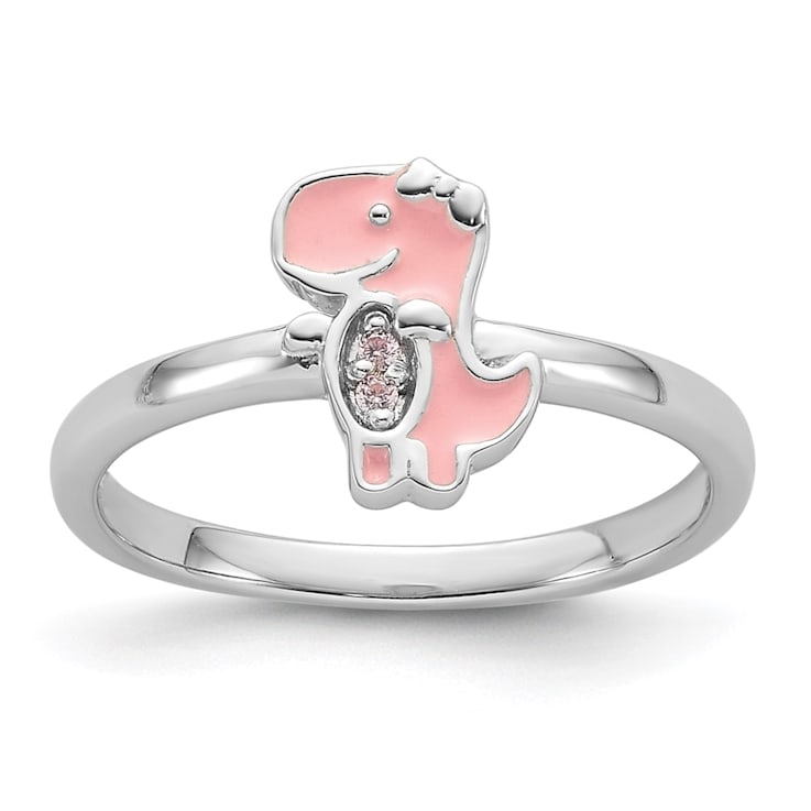 Rhodium Over Sterling Silver Pink Enamel and Cubic Zirconia Dinosaur
Children's Ring