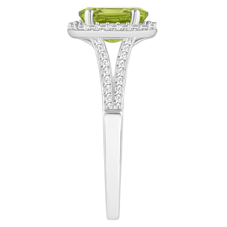 8x6mm Oval Peridot 1/4 ctw Diamond Rhodium Over Sterling Silver Halo Ring