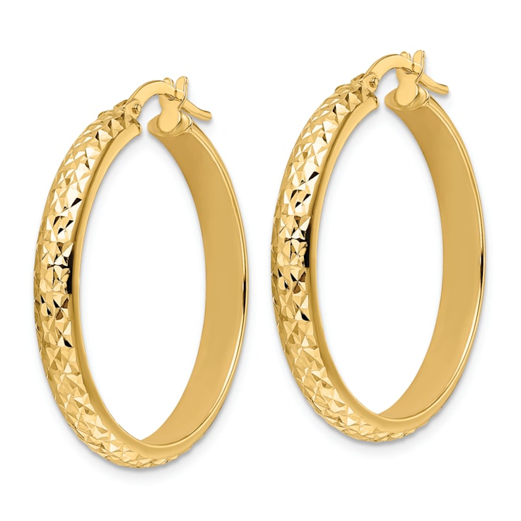 14k Yellow Gold 1 1/8" Polished Diamond-Cut Hoop Earrings