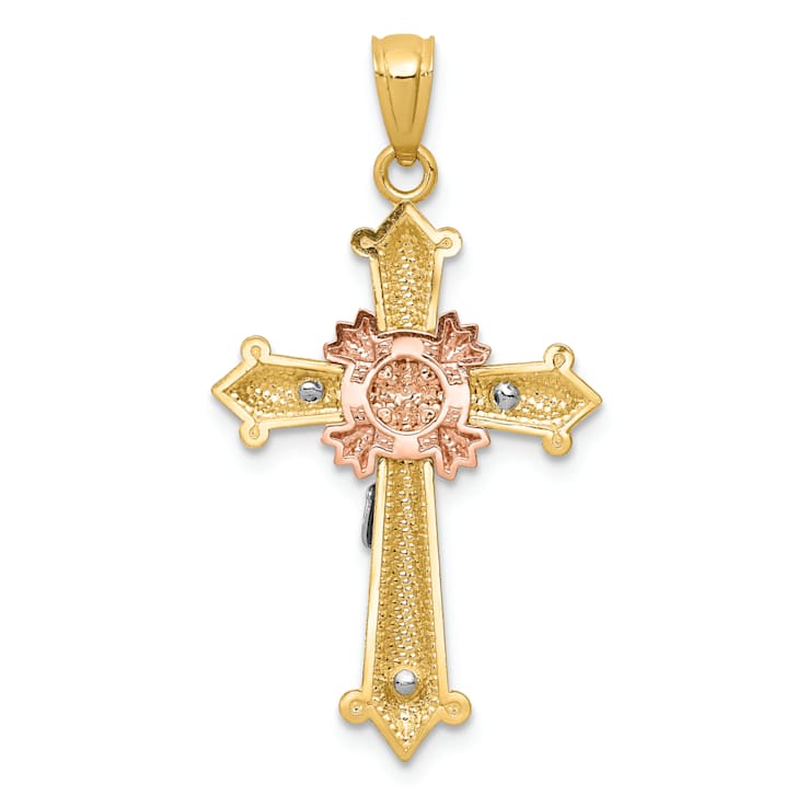 14k Tri-color Gold Polished and Textured Crucifix Pendant