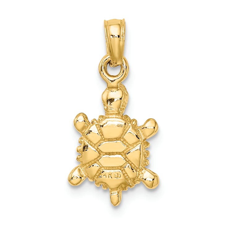 14k Yellow Gold 3D Green Enamel Land Turtle Pendant