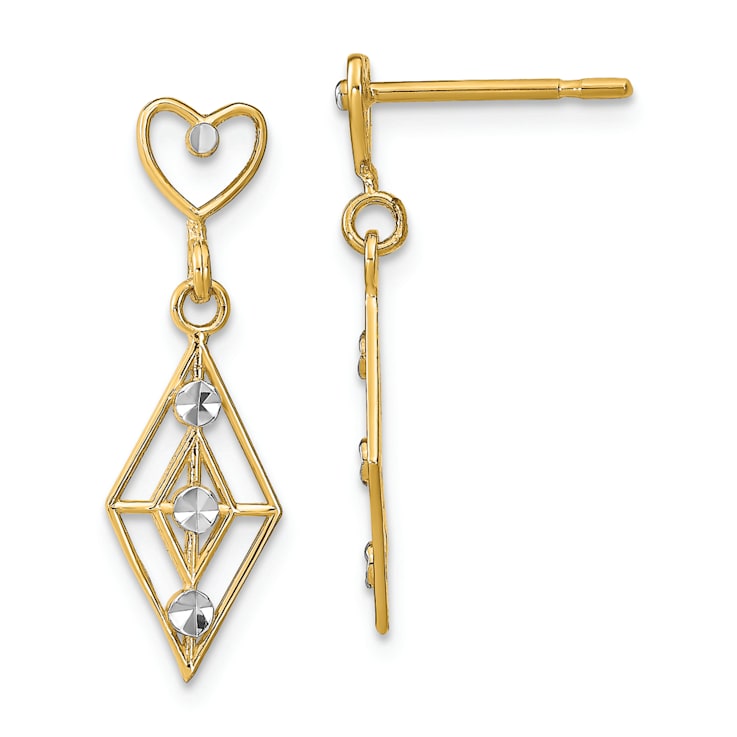 14K Two-tone Gold Diamond-Cut Diamond Shape Heart Dangle Earrings