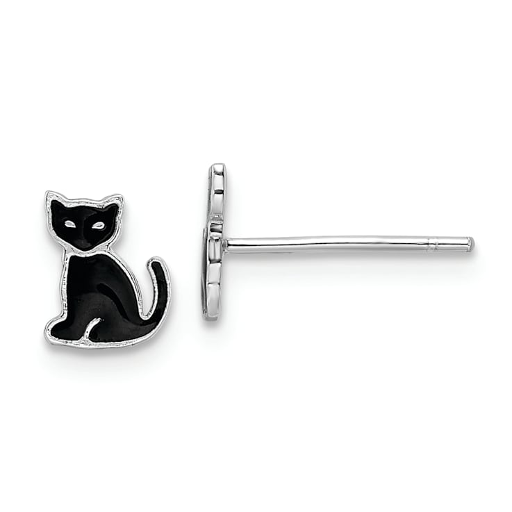 Rhodium Over Sterling Silver Polished Black Enameled Cat Post Earrings