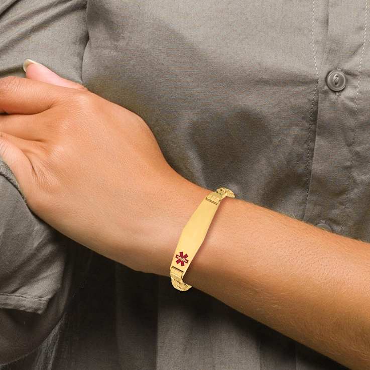 10k Yellow Gold Medical Soft Diamond Shape Red Enamel Curb Link ID Bracelet