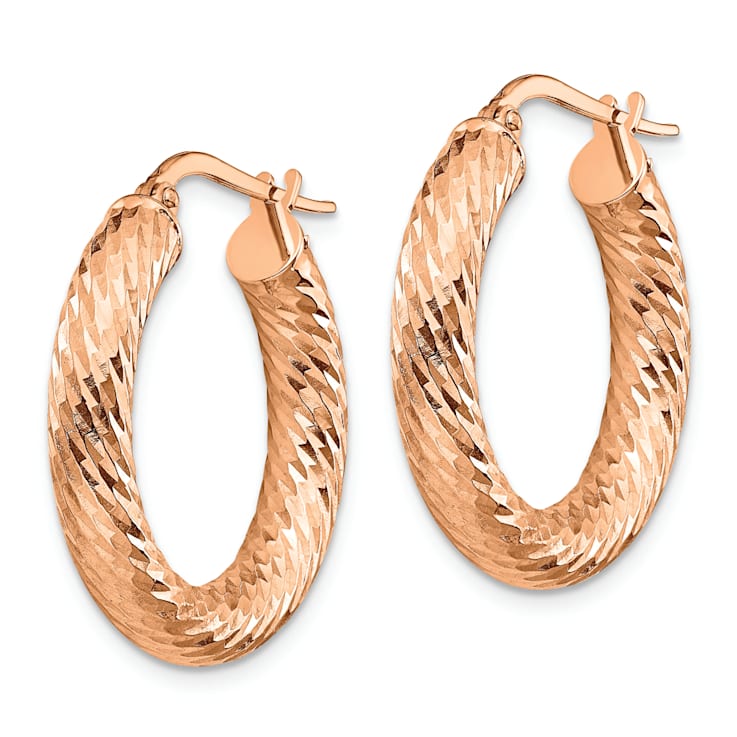 14k Rose Gold 15/16" Polished Diamond-cut Round Hoop Earrings