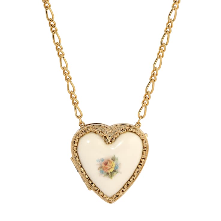 Yellow Base Metal Porcelain Heart Locket Necklace 32"